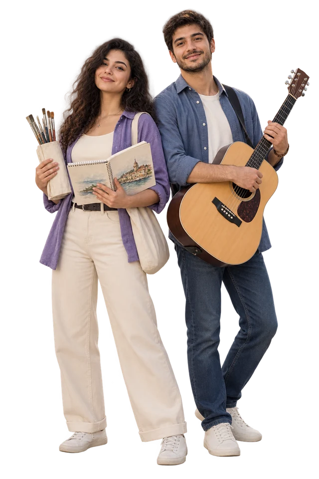 Çizim defteri ve gitarıyla farklı kurslara katılan iki genç